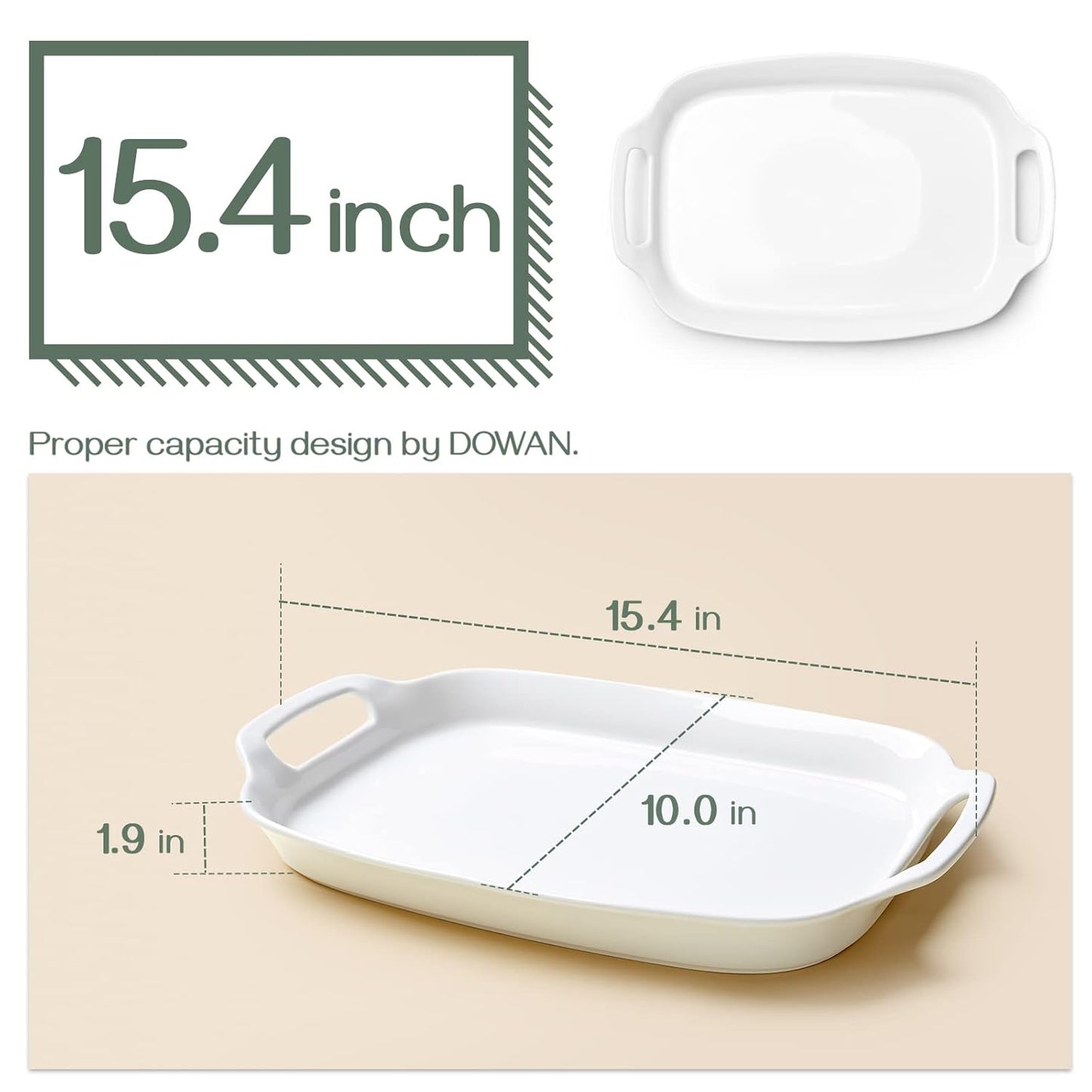 DOWAN Serving Tray with Handles, 15.4" Large Platters for Wedding Decor, Porcelain Serving Dish for Entertaining, White Plates for Salad Meat Fruit Dessert, Set of 2