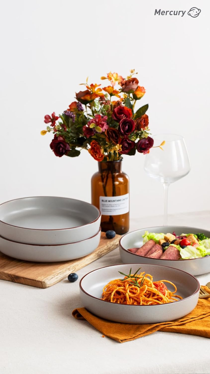 famiware Mercury Pasta Bowls Set of 4, 33 oz Large Salad Bowls, Ceramic Pasta Plates Bowls, Serving Bowls for Kitchen, Microwave & Dishwasher Safe, Light Gray