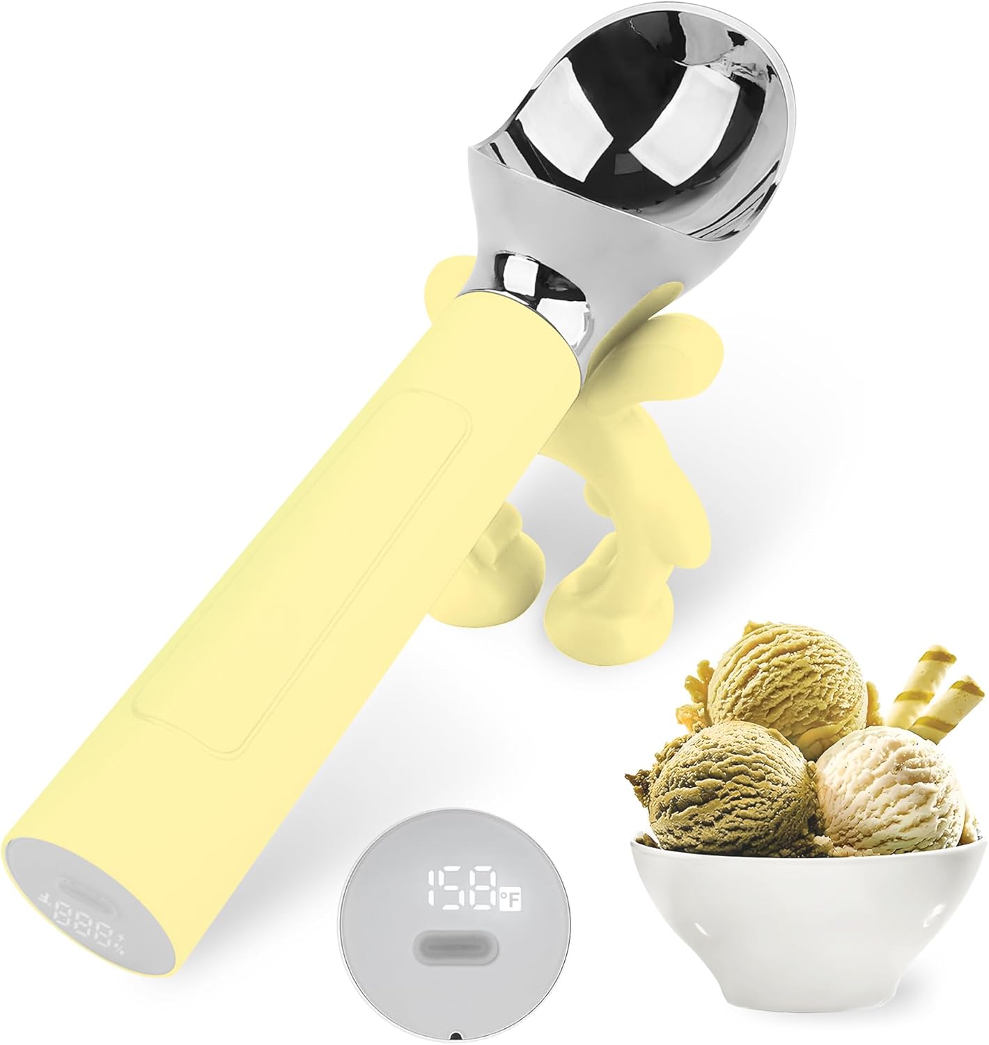 NEWEST Heated Ice Cream Scoop, Rechargeable Electric Warming Scooper with LED Display, Heats to 158°F for Hard Ice Cream, IP67 Waterproof, Easy for Seniors & Kids (Yellow)