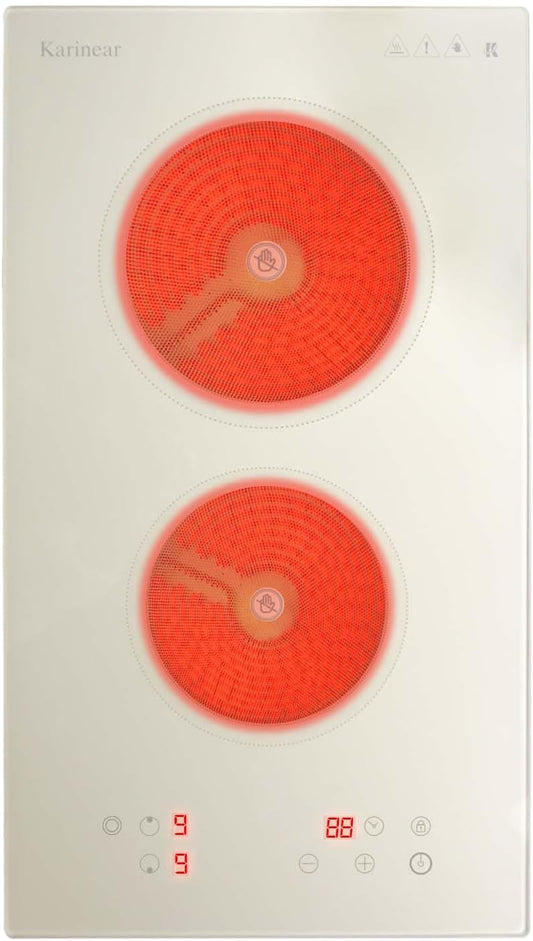 Karinear 2 Burners Electric Cooktop, Beige-gray Glass Electri Cermaic Stove, 12 Inch Built-in Electric Stove Top with Timer, Child Safety Lock, 9 Power Levels, 3200W, 220V-240V Hardwire(no plug)