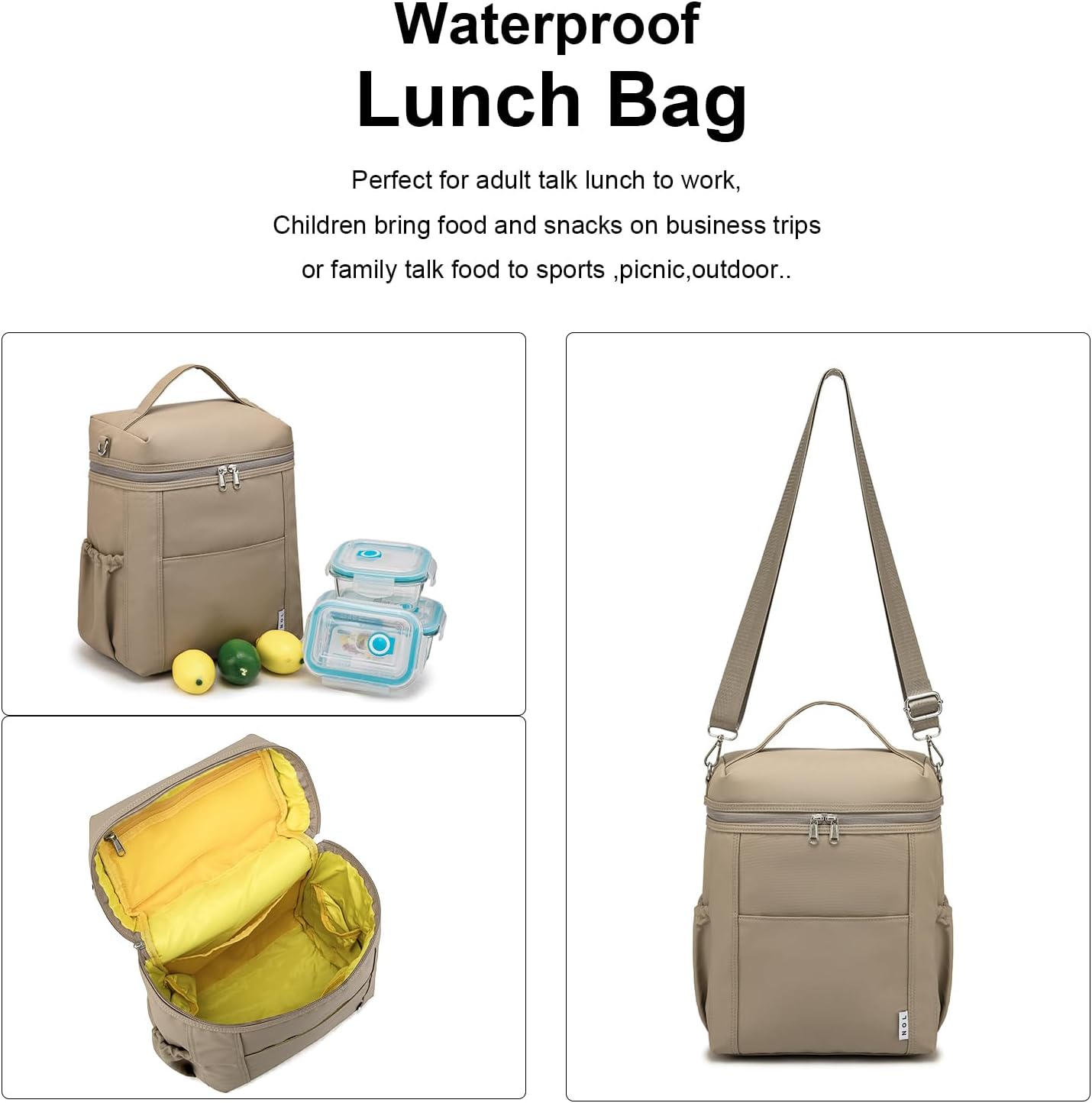 NOL Natural Organic Lifestyle Insulated Lunch Bags for Women Cooler Bag Lightweight Nylon Waterproof Lunch Box For Work (Khaki, Large)