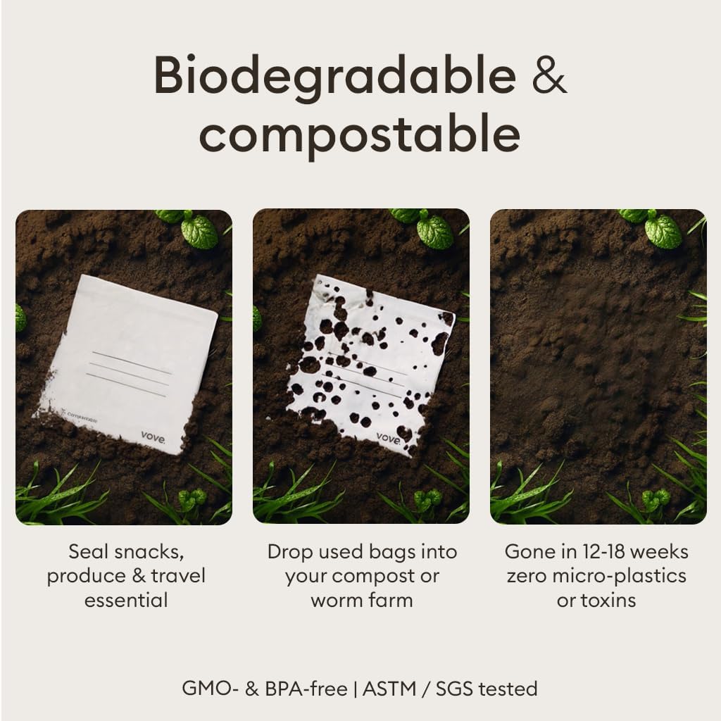 Vove Compostable Gallon Bags, Extra Large 30 Count – Freezer Safe, Leak Proof, Non Toxic Food Storage for Meal Prep & Snacks, Plant-Based Eco Bags