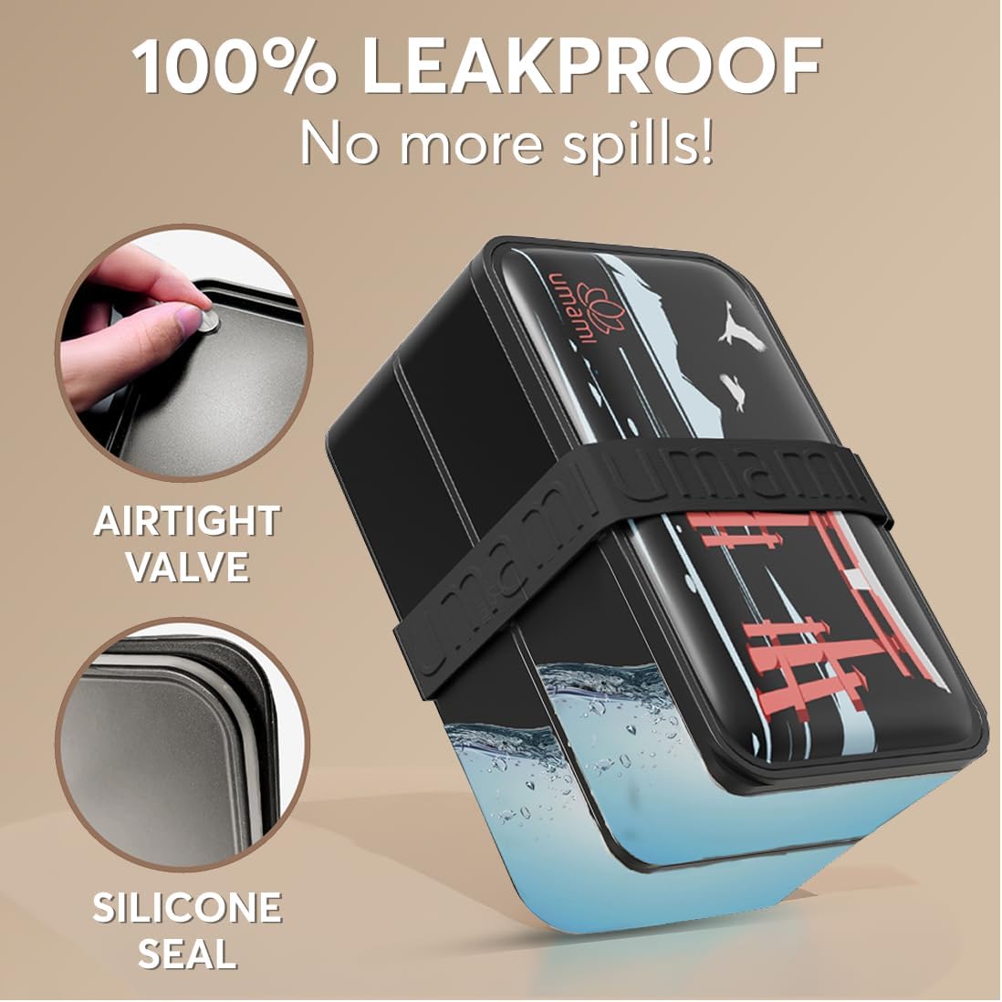 Umami Bento Box Adult All-In-1 w/4 Utensils, 2Sauce Jars, 2 Dividers, 100% Leakproof, Microwave & Dishwasher Safe, Stackable Bento Lunch Box Containers for Men/Women, Matte Black - Miyajima, 40 oz