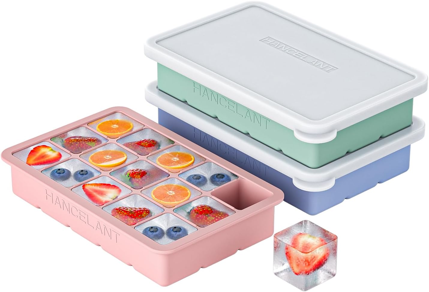 Silicone Ice Cube Tray 3 Pack, HANCELANT Ice Cube Mold, Ice Trays for Freezer with Lid for Whiskey, Baby Food, BPA Free, Easy Release