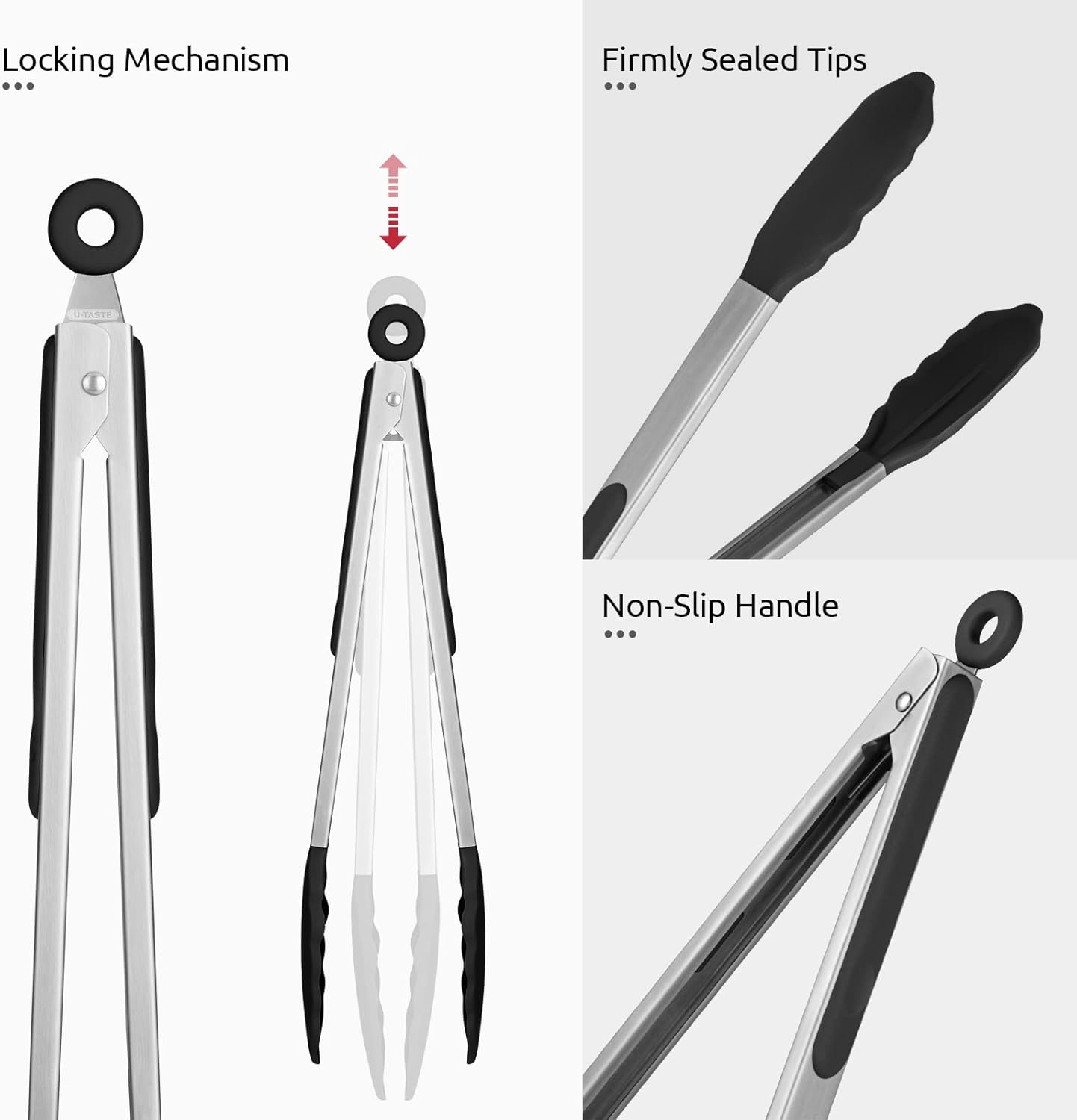 600ºF Heat Resistant Kitchen Tongs: U-Taste 9+12 inch Silicone Cooking Tong Set with Firm Sealed Non Stick Rubber Tips and Silicon Coated 18/8 Stainless Steel Handle for Serving Grilling Salad (Black)