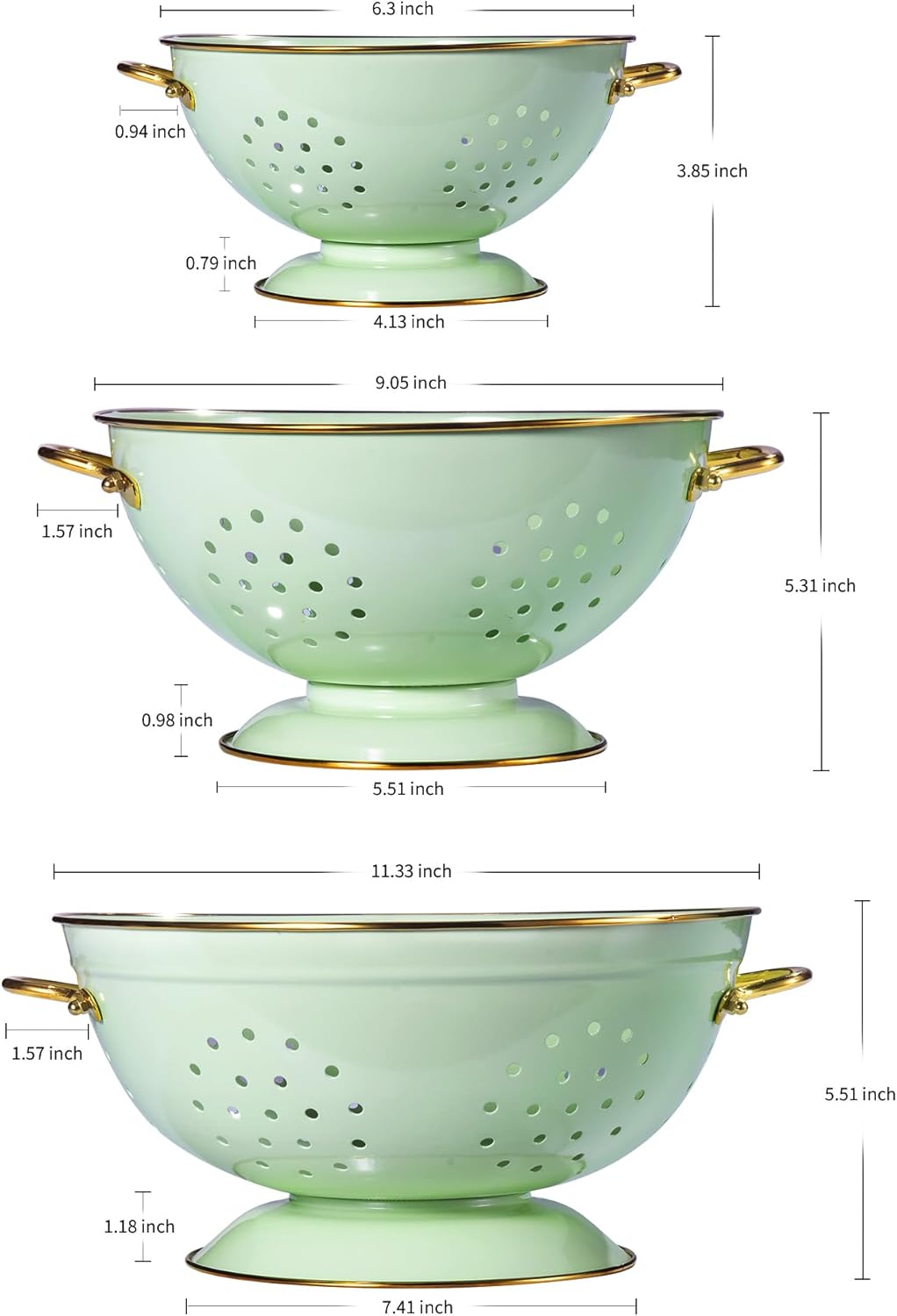 Metal Colander Set of 3, Strainer Basket with Handles perfect for Spaghetti, Pasta, Berry, Vegetable, Fruit, Solid Base Powder Coated Kitchen Essential Strainer Set, 1 & 3.5 & 5 Qt (Green)