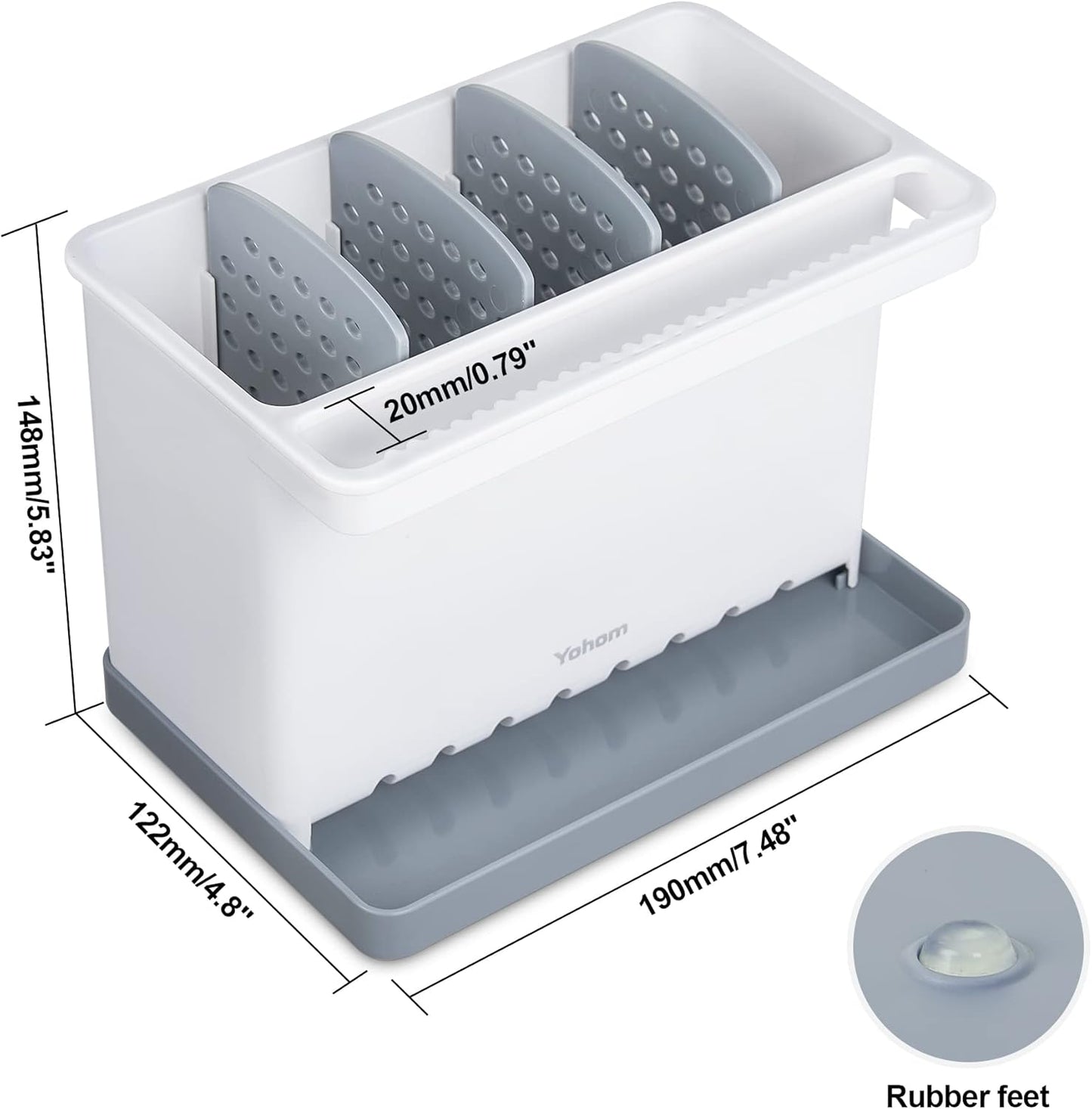 YOHOM Sink Brush Holder for Kitchen Sink Sponge Caddy Countertop Organizer Plastic Dish Scrubber Holder with Dividers