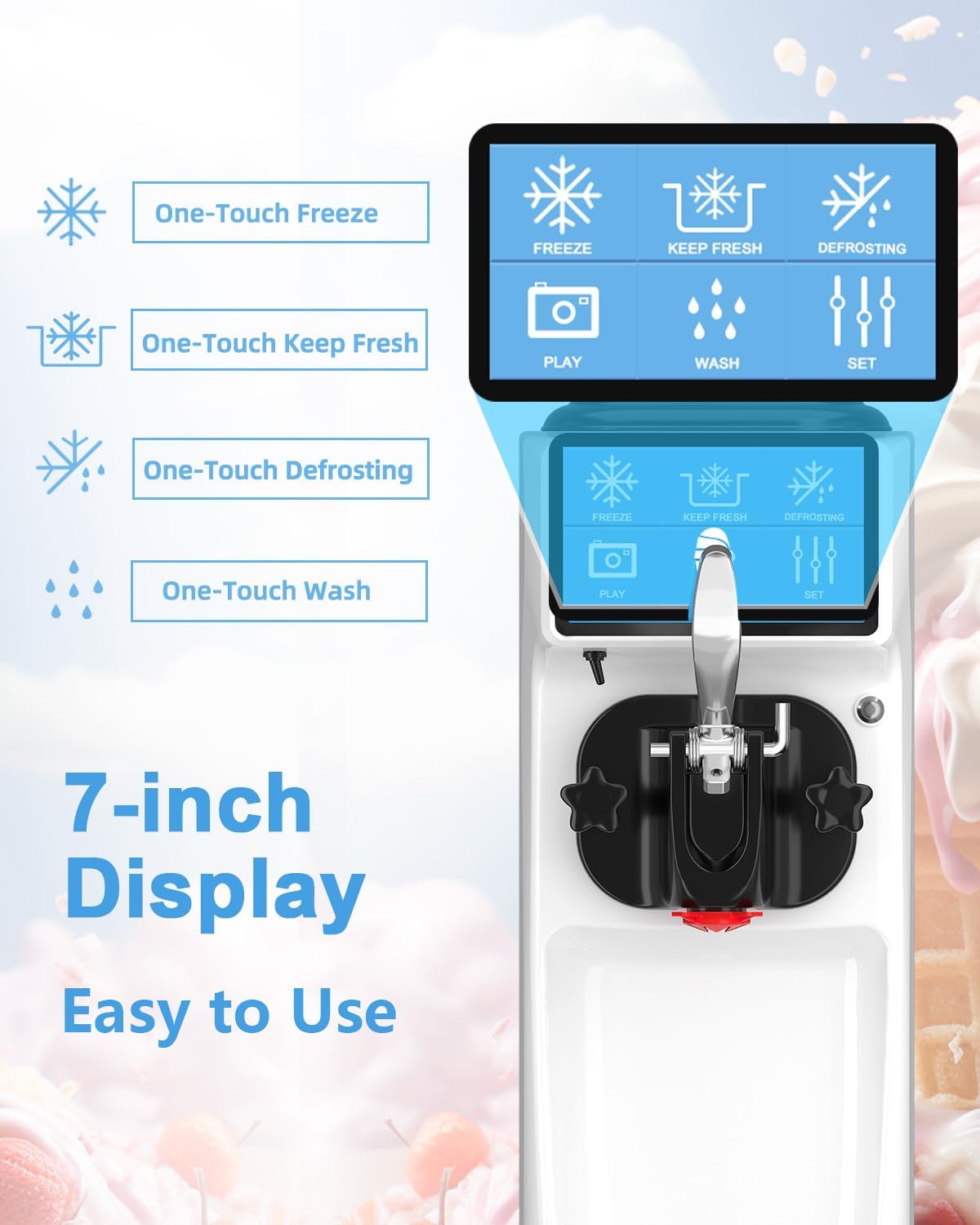Soft Serve Ice Cream Machine, 7 Inch Screen Ice Cream Maker Machine 4.2 to 4.6 Gal/H Ice Cream Maker Machine with Pre-Cooling Soft Serve Machine with 1.6 Gals Tank for Party Store School Home ETL