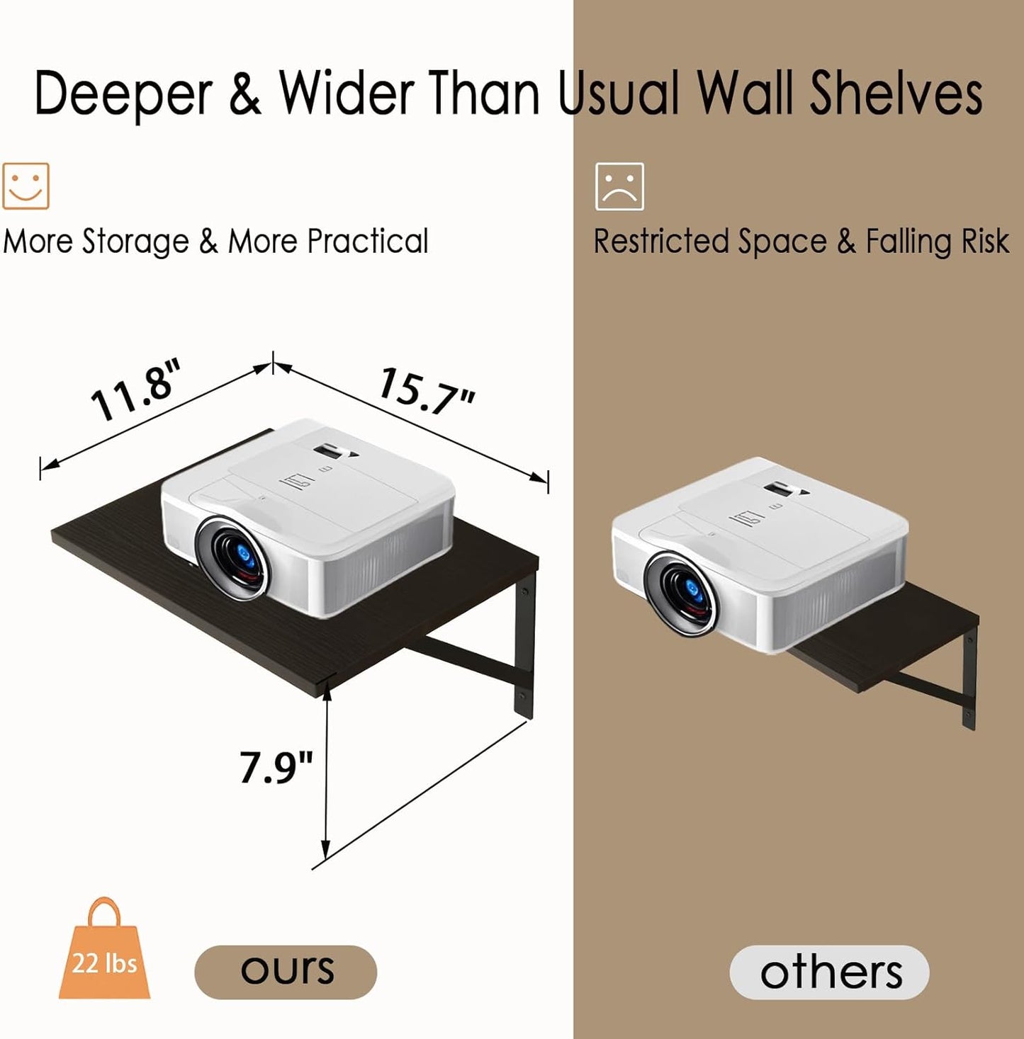 DINZI LVJ Deep Floating Shelves, 16" W x 12" D Wall Shelves Set of 2, Wide Display Shelf Wall Mounted with Brackets, Easy-to-Install Wall Bookshelf for Living Room, Bathroom, Bedroom, Espresso