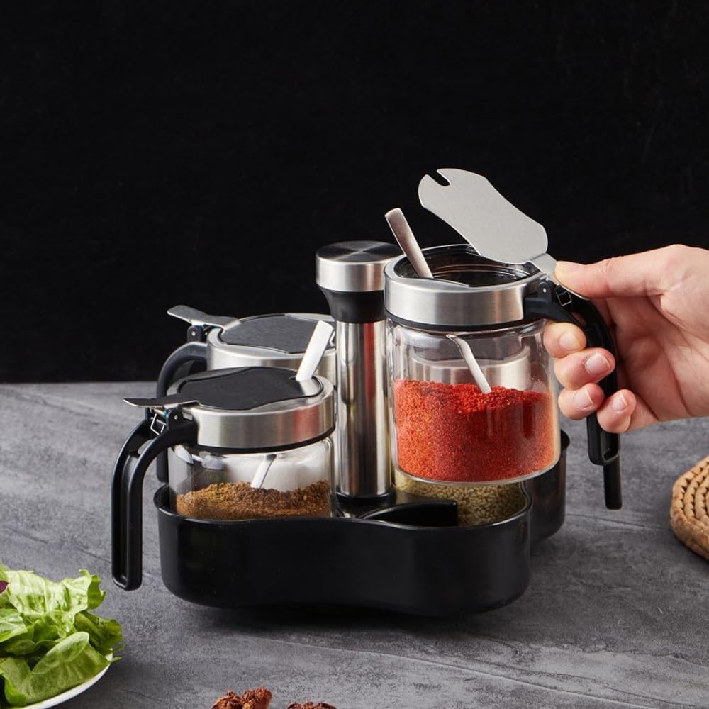 TINMIX Revolving Condiment Pots Sugar Bowl Salt & Pepper Cellar with Lid and Spoon, Set of 4 Seasoning Box Spice Jar with 360 Rotating Tray for Kitchen, 2 Pots+2 Oil Dispenser Bottles