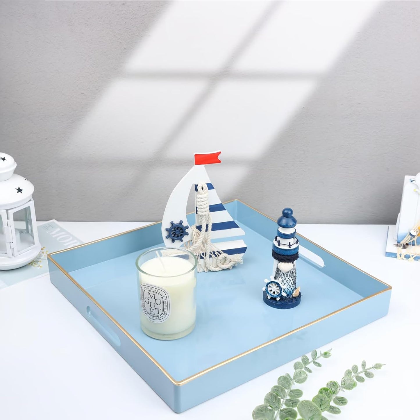 Spsyrine Light Blue Decorative Tray for Living Room, Square Modern Plastic Coffee Serving Table Tray for Ottoman Bathroom Kitchen, 13"*13".