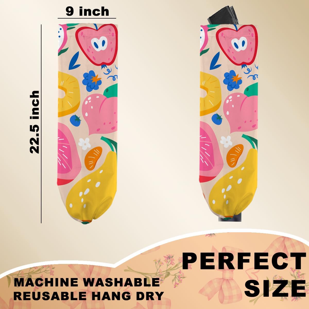 Abstract Summer Fruits Plastic Bag Holder for Kitchen Essentials, Grocery Bag Holder for Plastic Bags, Dragon Fruit Orange Peach Reusable Grocery Bags Storage Dispenser for Home Kitchen Farmhouse