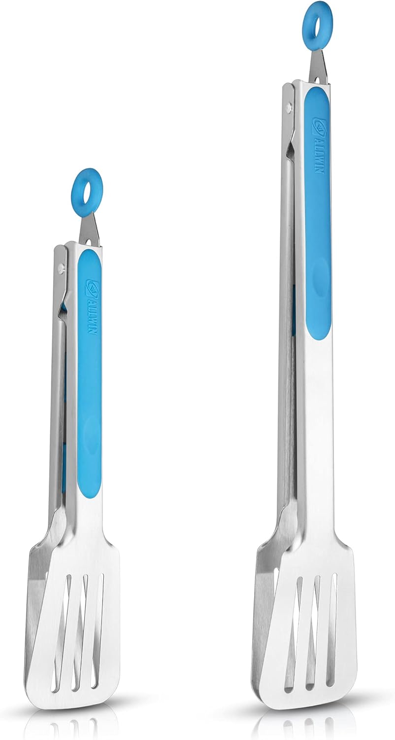 Premium 304 Stainless Steel Barbecue Turners, Heavy Duty Non-Stick BBQ Cooking Kitchen Tongs, 9" and 12" Blue