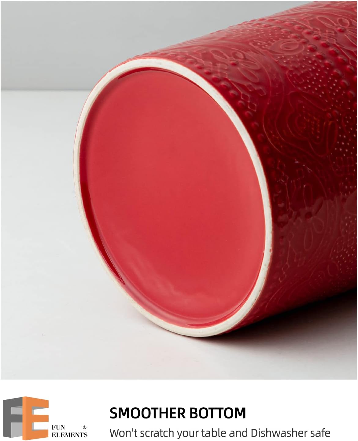 FUN ELEMENTS Kitchen Utensil Holder, 7.2" Super Large Utensil Crock Heavy and Stable Lace Emboss Ceramic Utensil Holder for Kitchen Counter (Christmas Red)