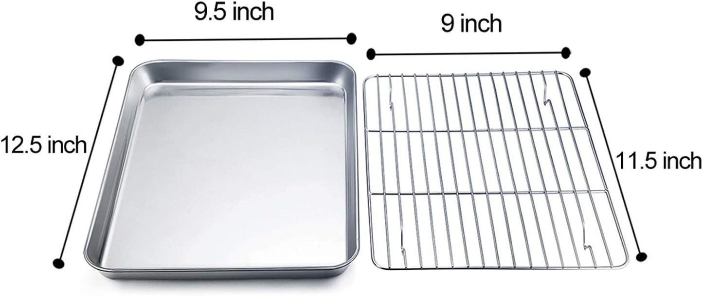 TeamFar Baking Pan with Rack Set of 4, 12.5’’ x 9.5’’ Stainless Steel Toaster Oven Baking Pan with Cooling Rack, Healthy & Non Toxic, Easy Clean& Mirror Finish, Dishwasher Safe - (2 Pans + 2 Racks)