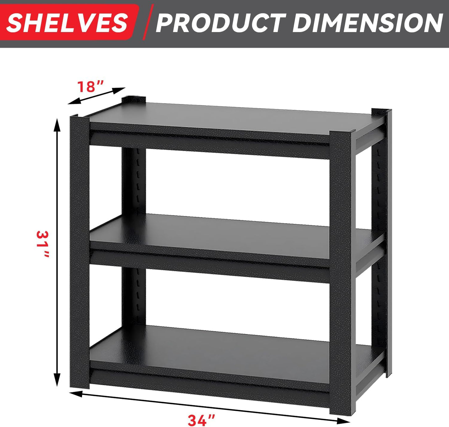 3-Shelf Metal Storage Shelves, 660 lbs Garage Shelving Unit, Heavy Duty Storage Rack, Adjustable Industrial Shelving, 34" W x 18" D x 31.5" H for Kitchen Pantry Basement, Black