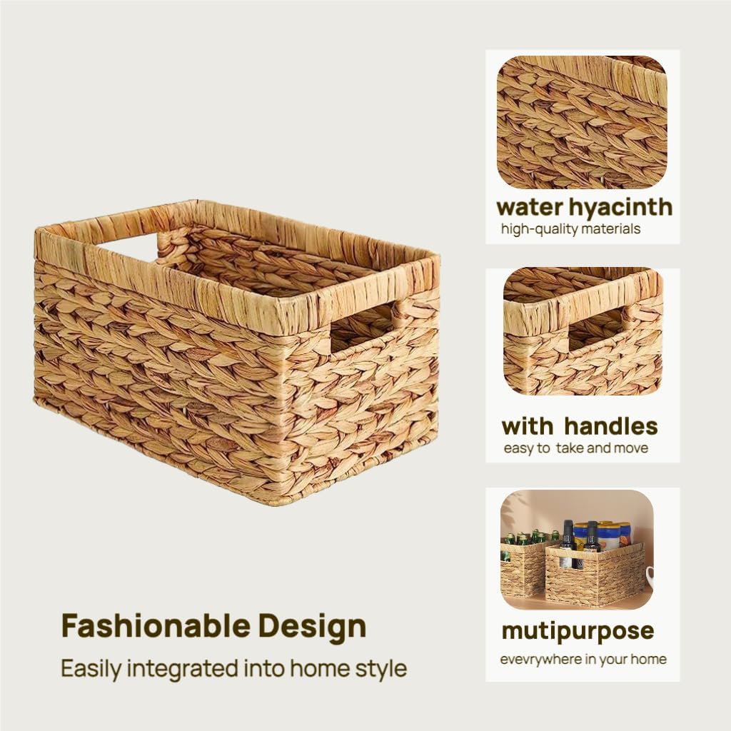 4PCS Handwoven Water Hyacinth Storage Basket Set - Natural Wicker Baskets with Handles for Bathroom, Kitchen, Pantry, Bedroom, and Living Room Organization