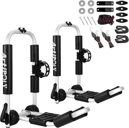 Kayak Roof Rack Carrier Kayak & Canoe Car Racks J-Bar with 3-in-1 Multifunction Paddle Holder for Easy Mount Kayak/Surf/Ski/Canoe/SUP on SUV, Car and Truck Crossbar