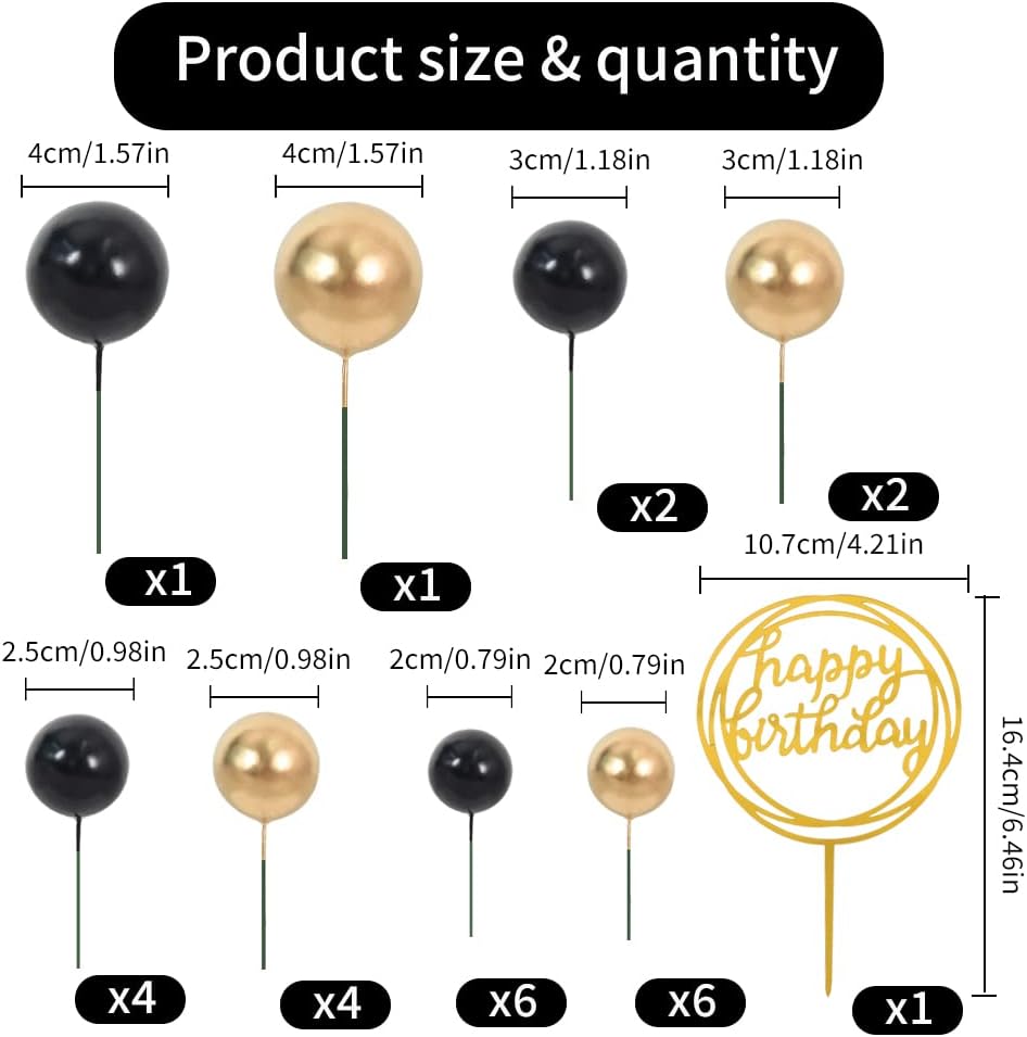BEISHIDA Cake Topper Gold 27 Pack Cupcake Topper with Mini Balls, Happy Birthday Acrylic Toppers, Cake Decorations with Insert Pick DIY for Anniversary Wedding Baby Shower Party(Gold/Black)