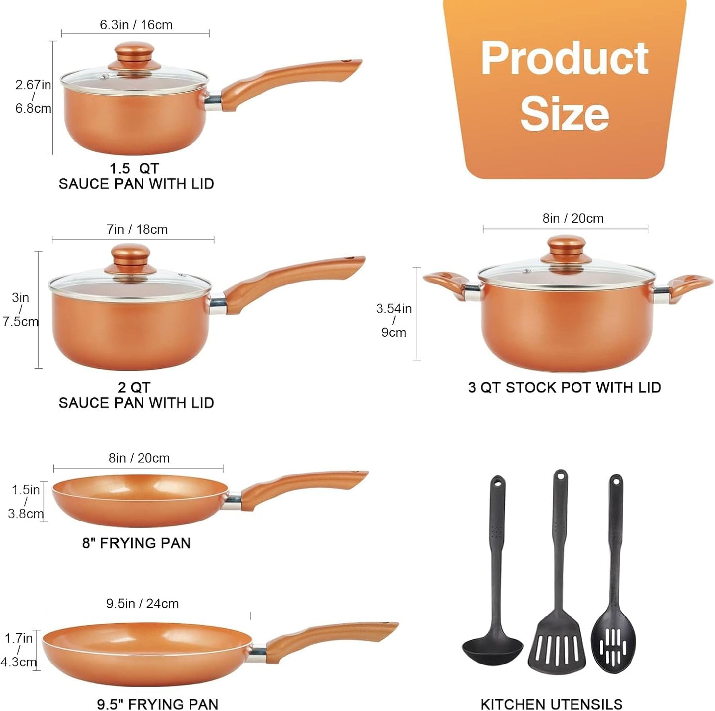 Pots and Pans Set Ultra Nonstick, Pre-Installed 11pcs Cookware Set Copper with Ceramic Coating, Stay cool handle & Nylon Kitchen Utensils, Gas/Induction Compatible, 100% PFOA Free