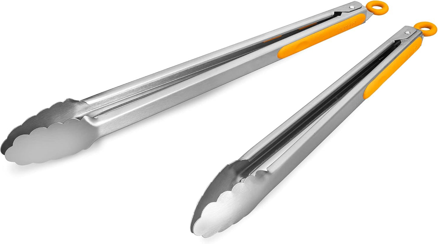 304 Stainless Steel Kitchen Cooking Tongs, 14" and 16" Set of 2 Sturdy Grilling Barbeque Brushed Locking Food Tongs with Ergonomic Grip, Orange