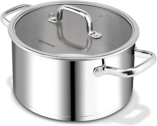 Rorence 6 Quart Stainless Steel Stockpot, Tri-Ply Base Large Pot for Cooking with Lid for Soup, Pasta, Vegetable, Induction Cooking Pot for All Stoves, Oven & Dishwasher Safe
