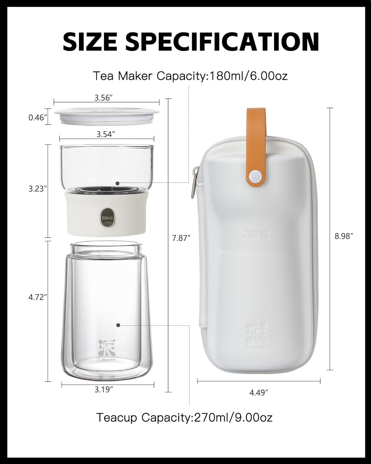 ZENS Modern Tea Pot, Glass Teapot with Infusers for Loose Tea Diffusers with One Touch Pouring, Cool Portable Tea Maker with Insulated Tea Mug and Travel Tea Kits for Tea Lover Gifts