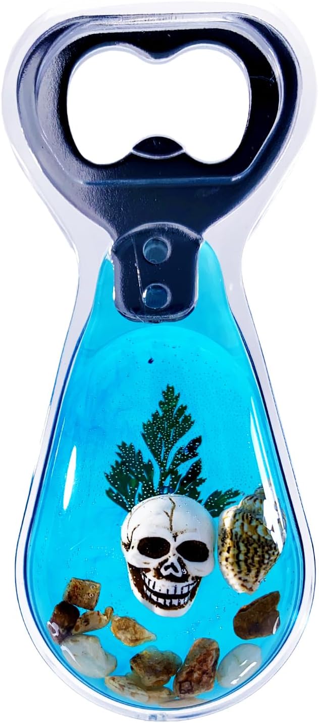 Halloween Ghost Skull Decor, Magnetic Bottle Opener, Original Design Skull Sinking in Ocean Blue Resin – Strong Magnet for Fridge – Gothic Halloween Gifts - Clear Blue