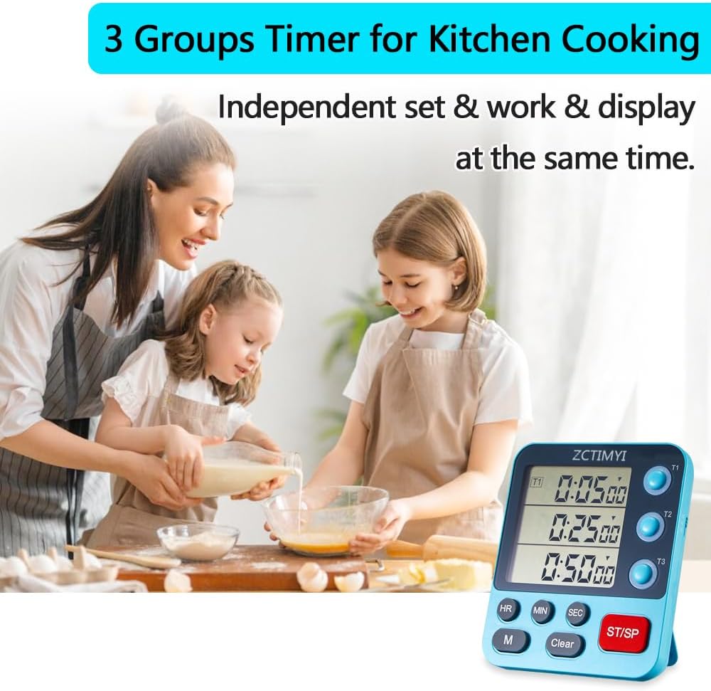 Dual Digital Timer for Kitchen Cooking, 3 Channels Count Down/Up Triple Timer for Kids, Presets Memory Large Display & Magnetic Back Adjustable Alarm Volume, Suit for Kids Teachers Studying, Green