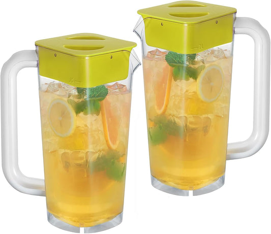 CURTA 2 Pack 2 Liters/68 oz Plastic Square Pitcher with Lid & Handle for Kitchen,ICED JUICE and Coffee Carafe Beverage Serveware, Acrylic Water Jug for Hot/Cold Drinks&lemonade