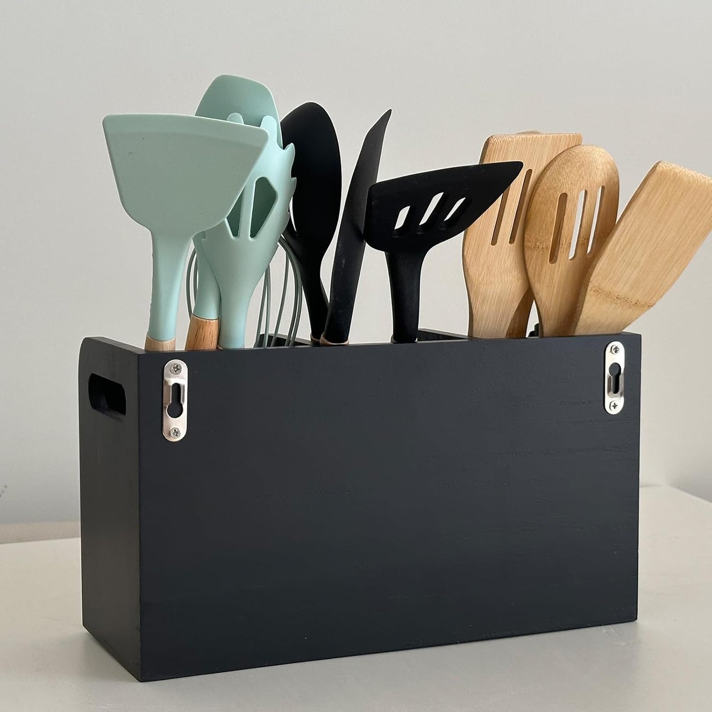 Solid Wood Farmhouse Cooking Utensils Organizer: Large Countertop Utensil Holder, 3 Compartments - Black