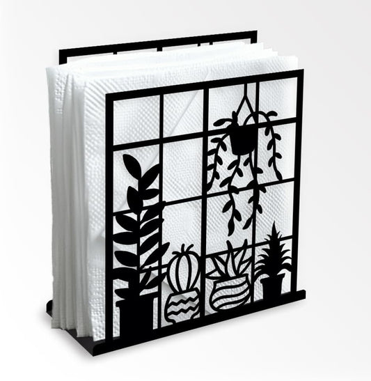 Potted Plant Decorative Black Metal Napkin Holder for Table, 4.9"x5.3"x1.9" Window Sill Hanging Basket Standing Napkin Holder for Home Kitchen Restaurant Picnic Party Coffee Bar Dining Room
