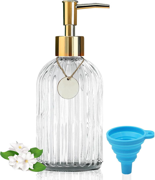 14Oz Gold Pump Glass Soap Dispenser, Clear Stripe Countertop Refillable Liquid Bottle Hand Dish Lotion Dispenser with Plastic Pump, for Kitchen, Bathroom