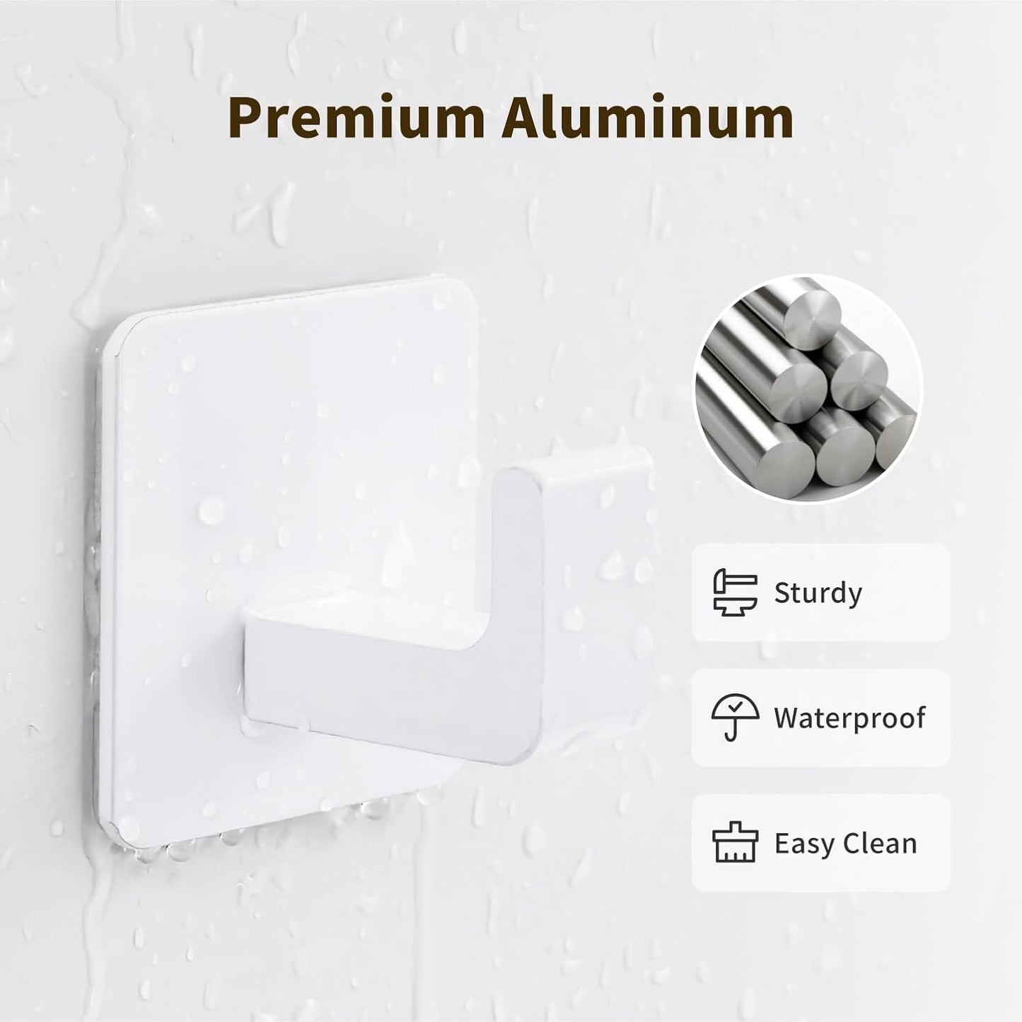 Square Self Adhesive Towel Hooks - 4 Pack Matte White Metal Hooks, Right-Angle Design for Towels, Robes & Hats, Organize Bathroom, Kitchen, Entryway, Doors, Cabinets on Smooth Surfaces