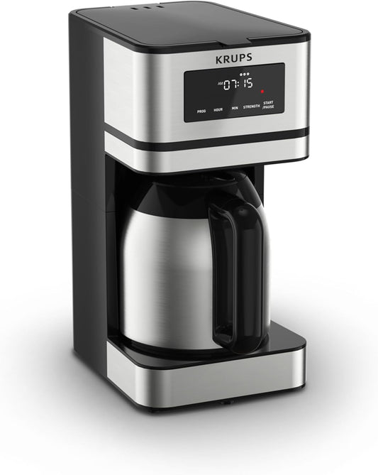 Krups Simply Brew Stainless Steel and Thermal Carafe Drip Coffee Maker 12 Cup Programmable, Customizable, Digital Display, Insulated Coffee Filter, Dishwasher Safe, Drip Free Silver and Black