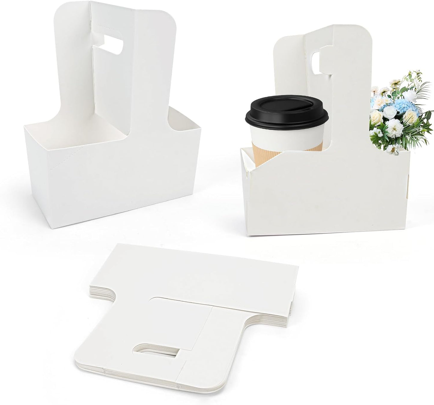 HFH Disposable 2-Cup Drink Carrier with Handle, Cardboard Cup Holder for Takeout, White (20P)