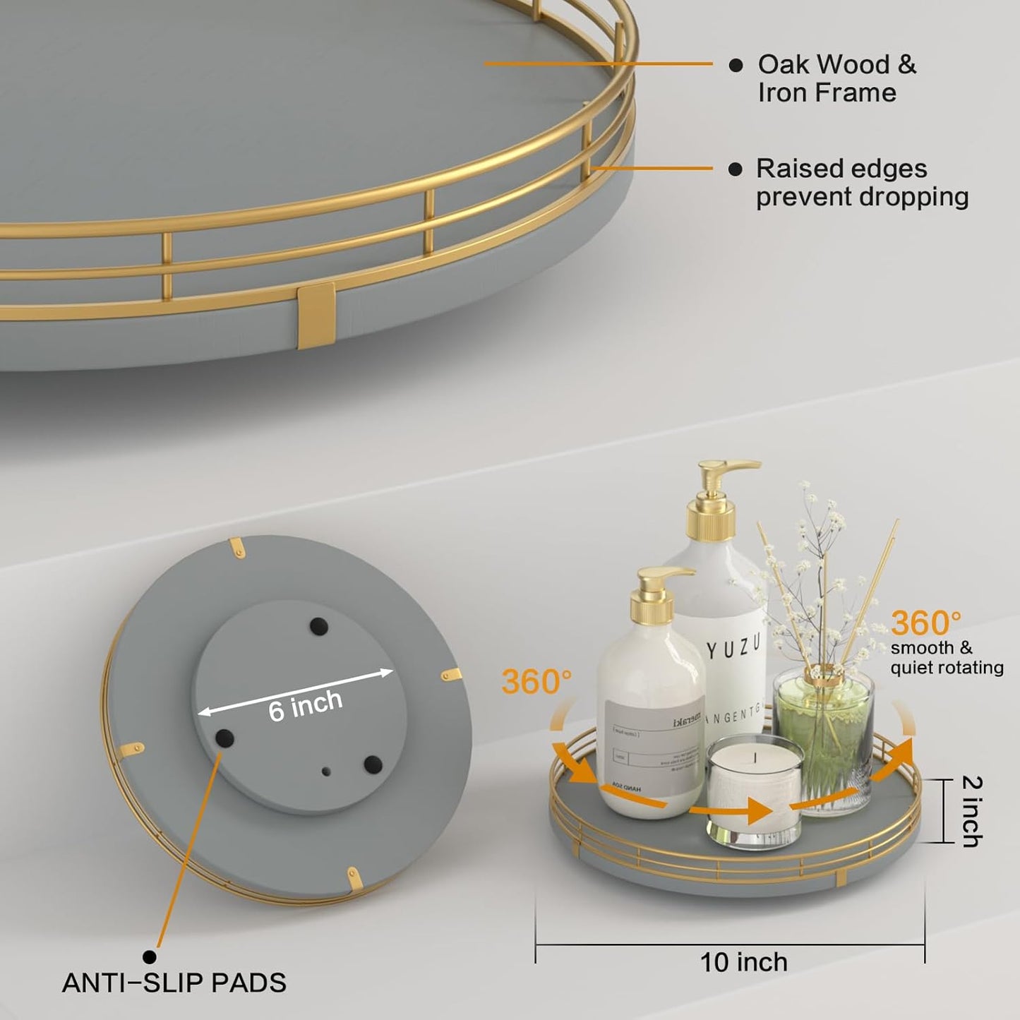 10" Wooden Lazy Susan Turntable for Cabinet – Rotating Spice Rack Organizer, Small Gray Kitchen Countertop Round Tray for Dining Table & Pantry Storage