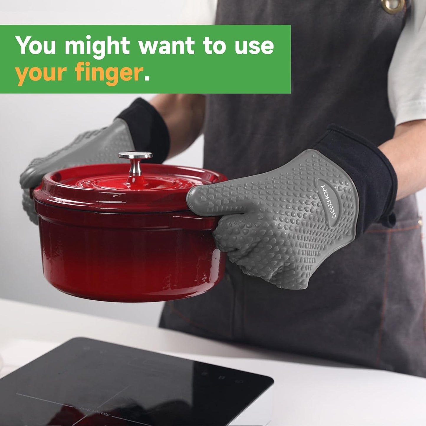 GEEKHOM BBQ Gloves Heat Resistant Oven Mitts - Silicone Grilling Gloves with 13.7" Arm Protection - Waterproof Pot Holder Non-Slip for Men & Women, Kitchen Outdoor Cooking, Baking, Camping, Light Gray