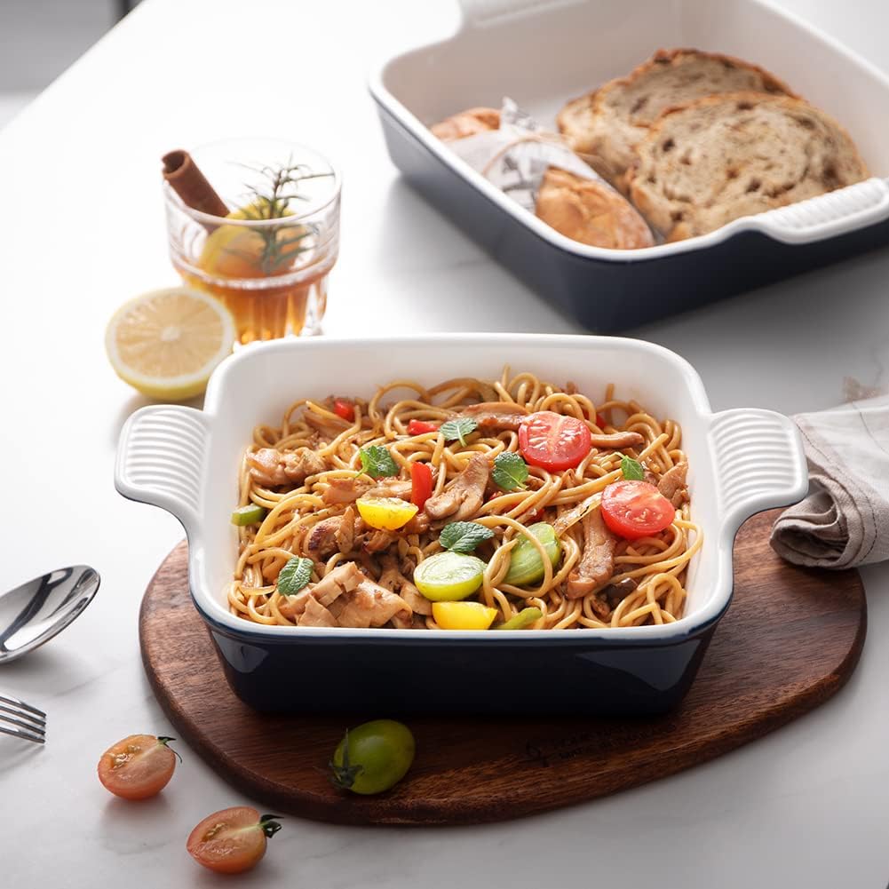 Sweejar Ceramic Baking Dish, 9 x 9 Cake Baking Pan for Brownie, Porcelain Square Bakeware with Double Handle for Casserole, Lasagna, Family Dinner (Navy)