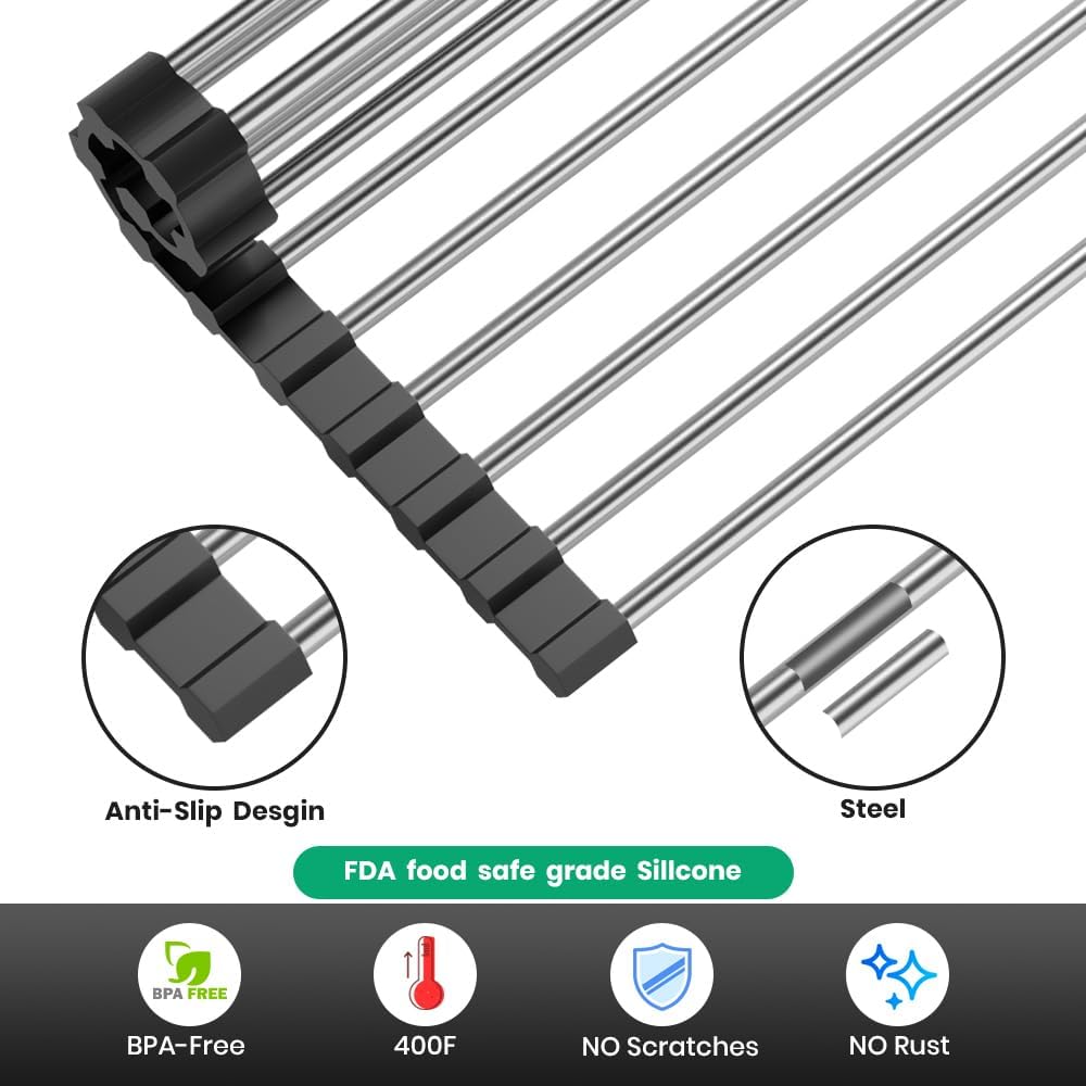 Roll Up Dish Drying Rack, Stainless Kitchen Accessories, Foldable Dish Rack, Anti-Slip Design Sink Counter Storage, Over The Sink Dish Rack, Stainless Steel, (21" x 9.1")