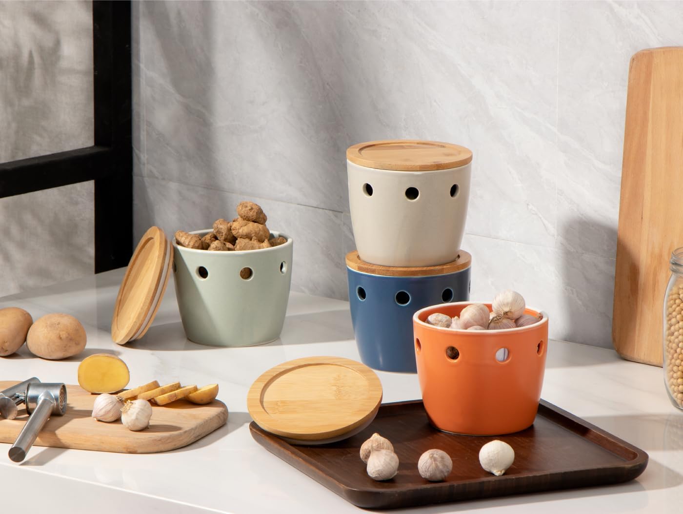 ONEMORE Large Garlic Keeper with Lid, Ceramic Garlic Saver 5 inch, Garlic Keeper for Counter, Orange