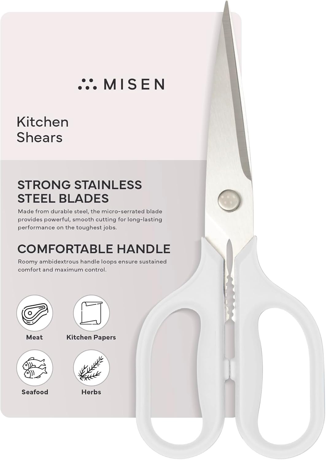 Misen Heavy Duty Kitchen Shears - Comfortable Ambidextrous Scissors for Meat, Poultry, Herbs & More - Easy to Clean - German Stainless Steel - Large | White