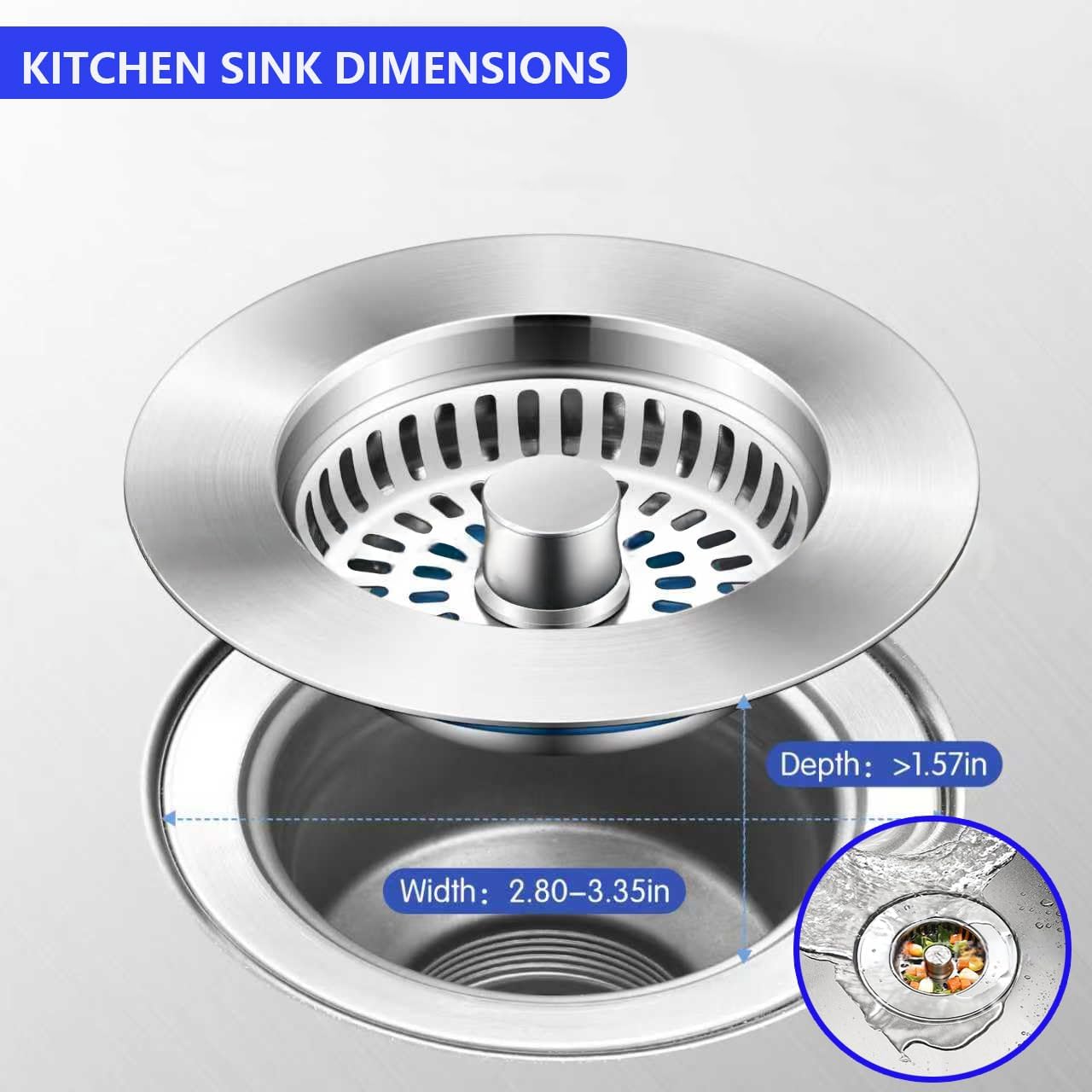 3-in-1 Kitchen Sink Drain Strainer Stopper,Stainless Steel Sink Stopper, Anti-Clogging Sink Food Catcher Basket,Universal Sink Protector Cover for Standard 3-1/2 Inch Drain