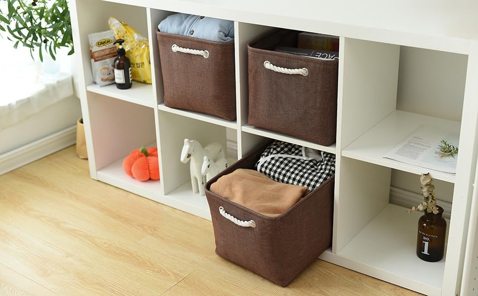 TheWarmHome Organization and Storage Basket for Shelves - 3 Pack 16x12x12 inch Fabric Storage Cubes, Cube Storage Bin for Organizing Closet Cloth Organizer Gift Toy (White & Brown)