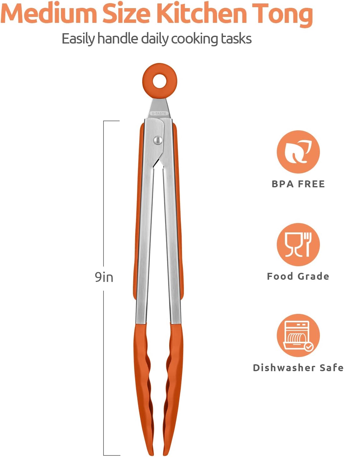 600ºF Heat Resistant Kitchen Tongs: U-Taste 9 inch Silicone Cooking Tong with Firm Sealed Non Stick Rubber Tips & Silicon Coated 18/8 Stainless Steel Handle & Smooth Locking for Serving Grill (Orange)