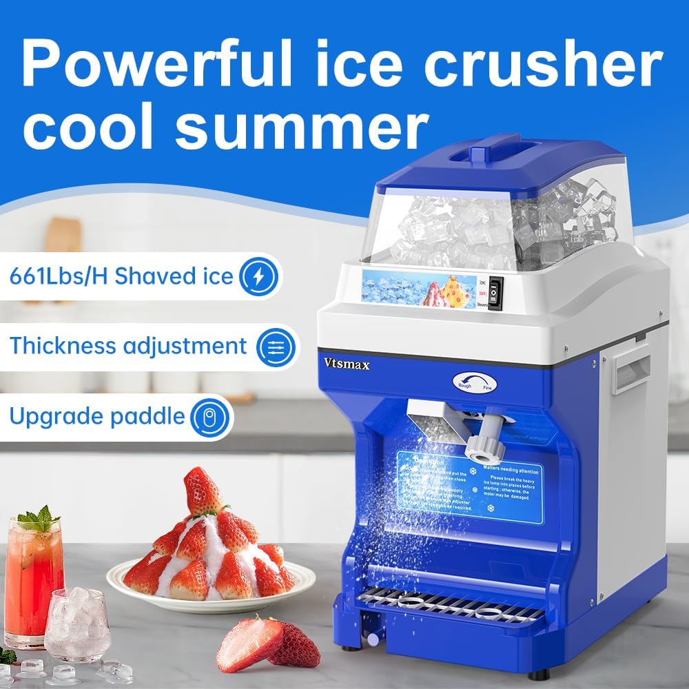 Electric Snow Cone Machine, 300W Ice Shaver Machine, Thickness Adjustable Snow Cone Maker Machine 661LBs/hr Ice Crusher for Bar Parties Events Snack, Home and Commerical Use Blue(5.8Qt)