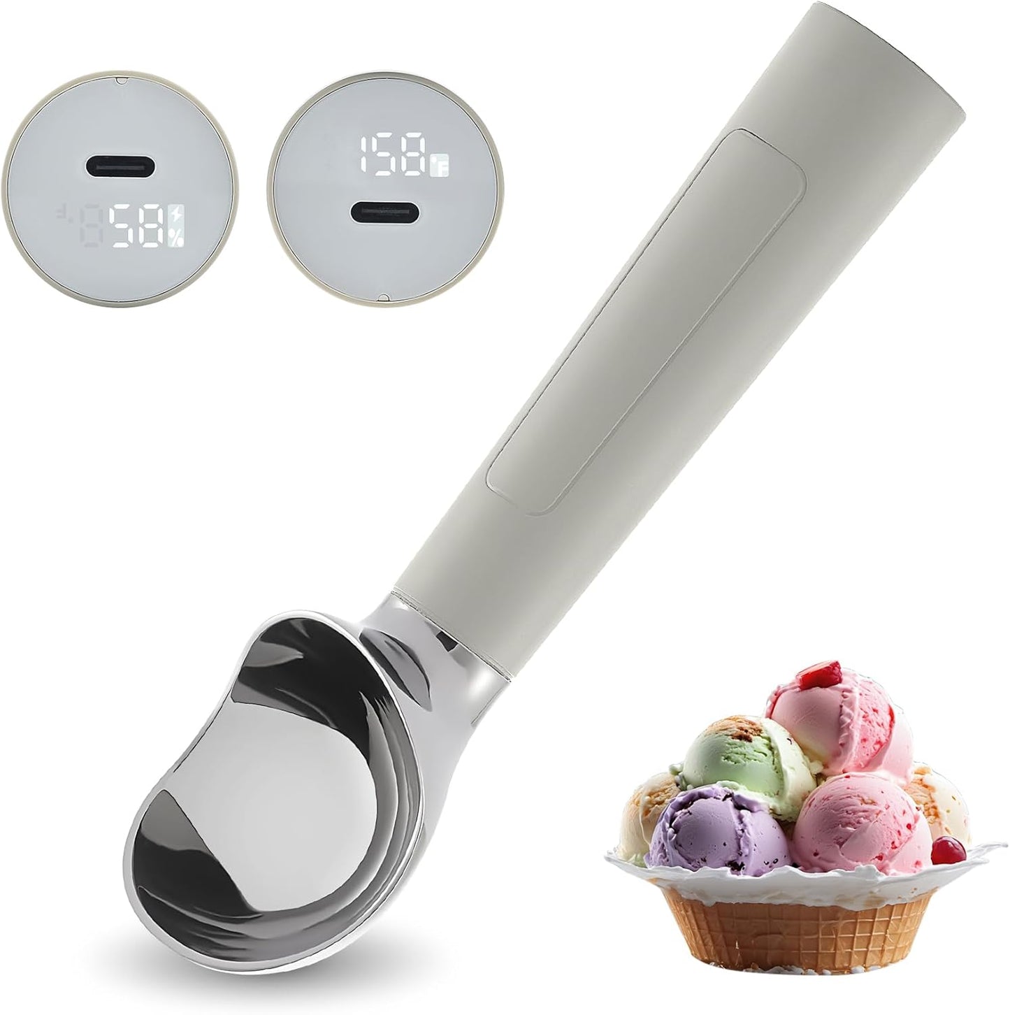 Heated Ice Cream Scoop Rechargeable, Electric Warming Ice Cream Scooper with LED Display, Heats to 158°F for Hard Ice Cream, Easy for Seniors & Kids, IP67 Waterproof (Grey, 2 oz)