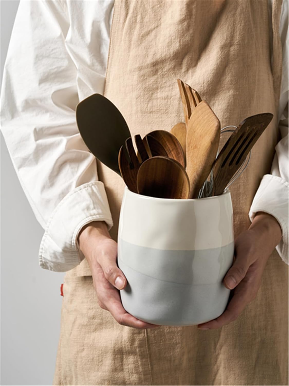 DOWAN Utensil Holder, 6.5″ Large Utensil Holder for Kitchen Counter, Ceramic Utensil Crock with Table-Protection Cork Mat, Utensil Organizer Caddy for Tongs, Spoons