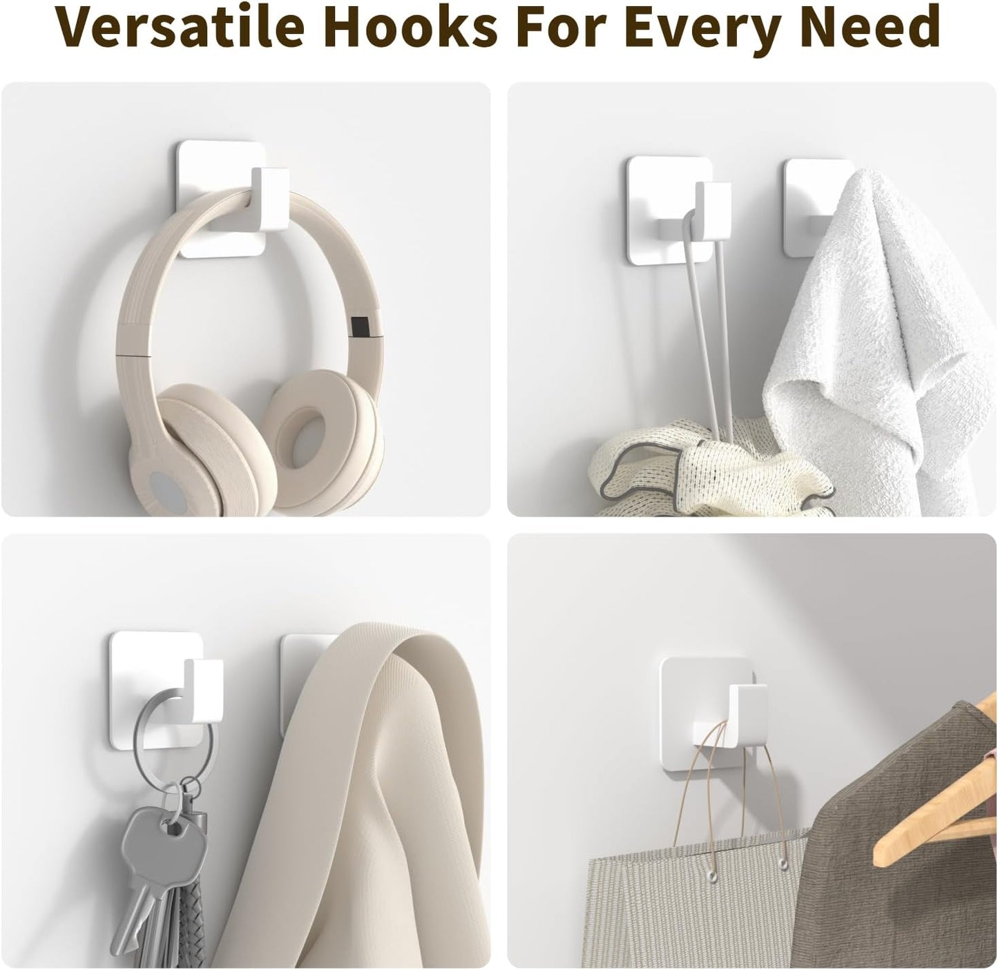 Square Self Adhesive Towel Hooks - 4 Pack Matte White Metal Hooks, Right-Angle Design for Towels, Robes & Hats, Organize Bathroom, Kitchen, Entryway, Doors, Cabinets on Smooth Surfaces