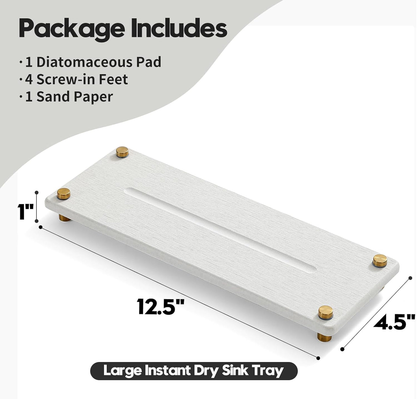 Water Absorbing Stone Sink Caddy Kitchen Sink Organizer Tray, Diatomite Bathroom Counter Tray, Gold Faucet Drying Mat Coaster Soap Dish Rack Riser Dispenser Sponge Holder, Beige 12.5" x 4.5"